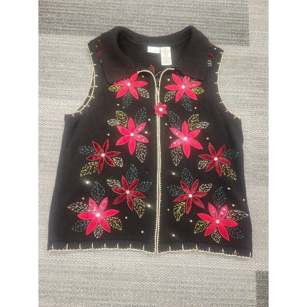 Vtg. White Stag Christmas Sweater Vest Size 16 Womens Black Poinsettia Zip Front